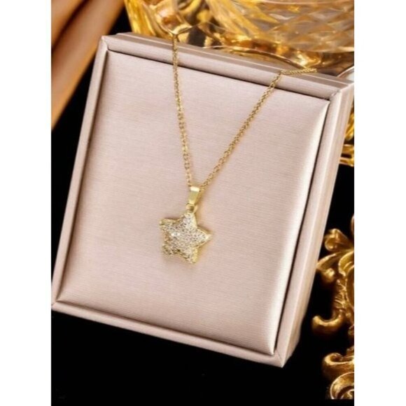 3pcs Gold-Tone Stainless Steel Zirconia Star Necklace And Stud Earrings Set - Picture 2 of 3